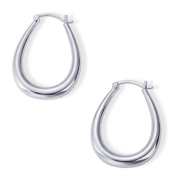 14K White Gold Plated Oval Chunky Hoop Dangle Earrings - Picture 2 of 5